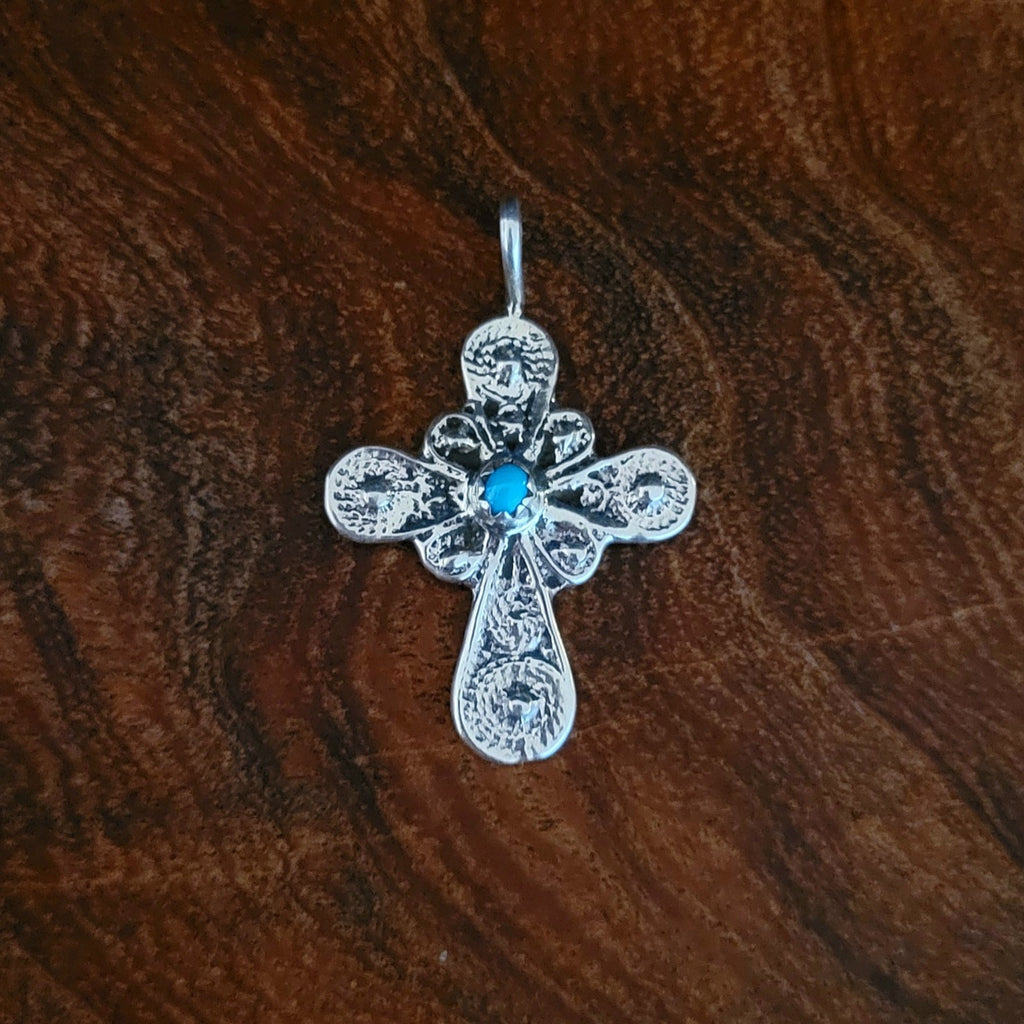 Turquoise and Sterling Silver Cross Pendant by Navajo Artist Peter Nelson Front View