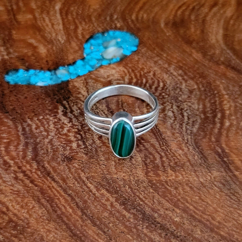 Zuni Made Sterling Silver & Malachite Ring Front View