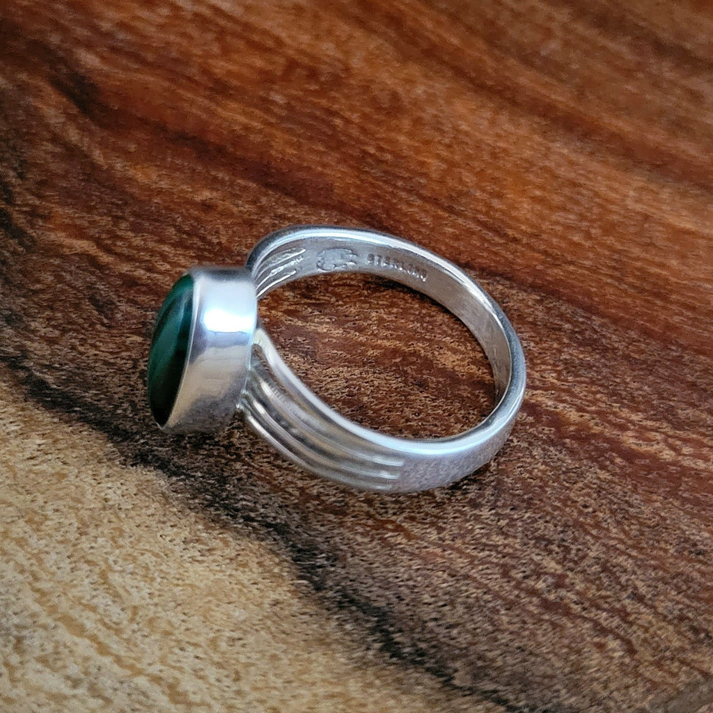 Zuni Made Sterling Silver & Malachite Ring Back View with Signature