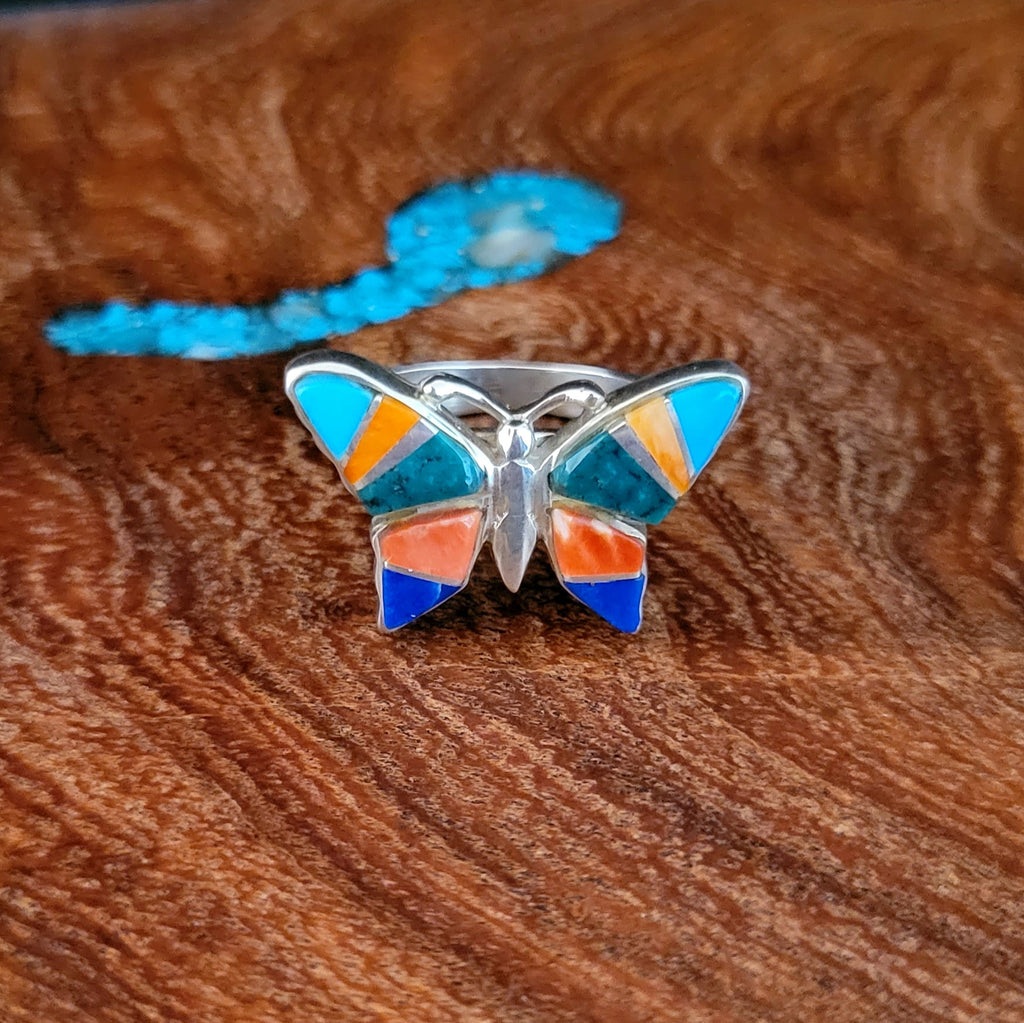 Navajo Made Butterfly Multi-Stone Inlay Ring Front View