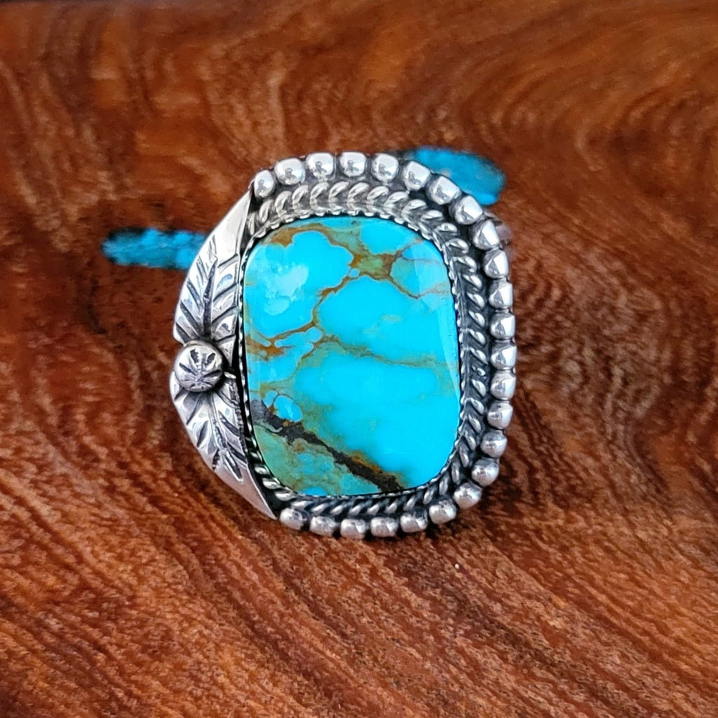 Navajo Made Turquoise w/Leaf Design Ring Front View