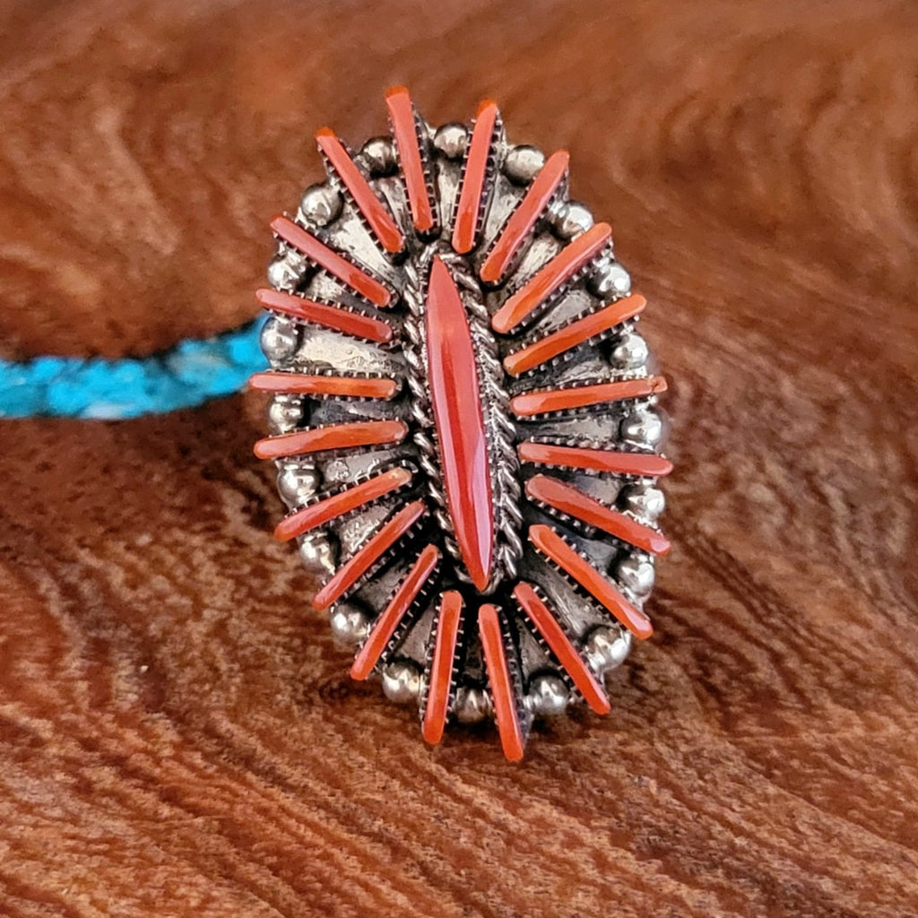 Traditional Zuni Coral Needlepoint Ring Front View