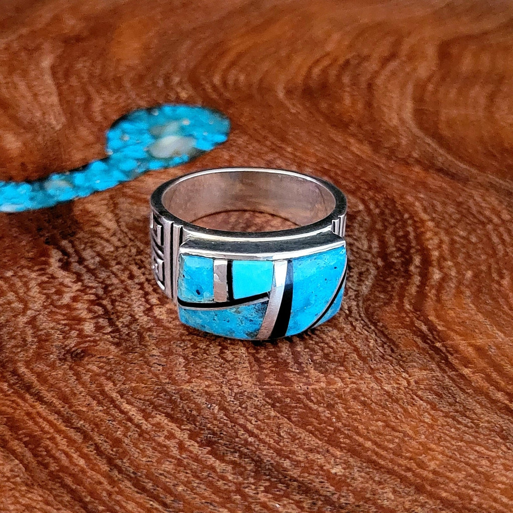 Navajo Turquoise & Black Jet Ring by Artist Kenneth Bilsio Front View