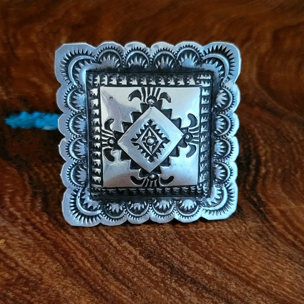 Navajo Square of Sterling Silver & Stamp Design Ring Front View