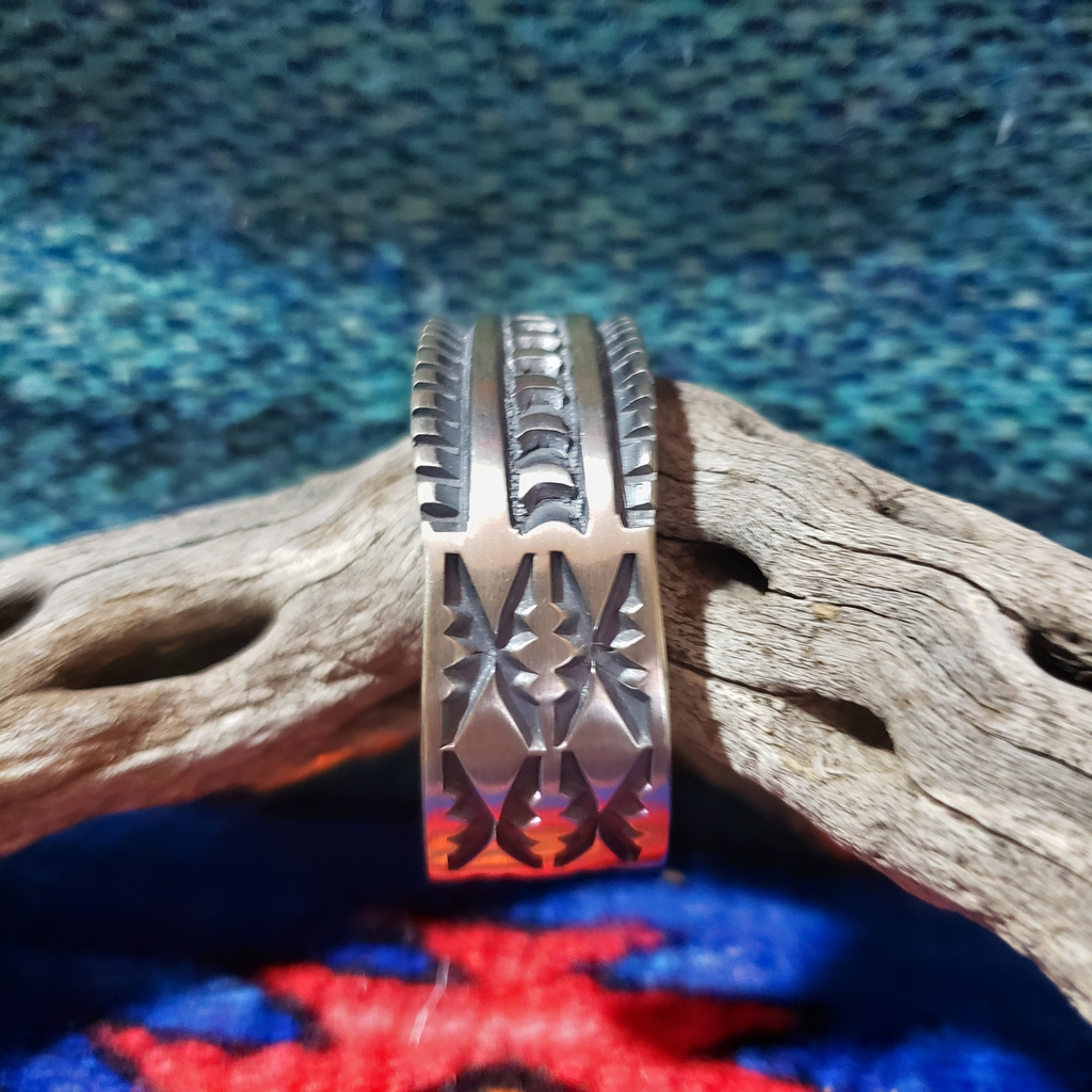 Authentic Navajo Tooled Silver Cuff Bracelet by Artist Jerrold Tahe End of Cuff