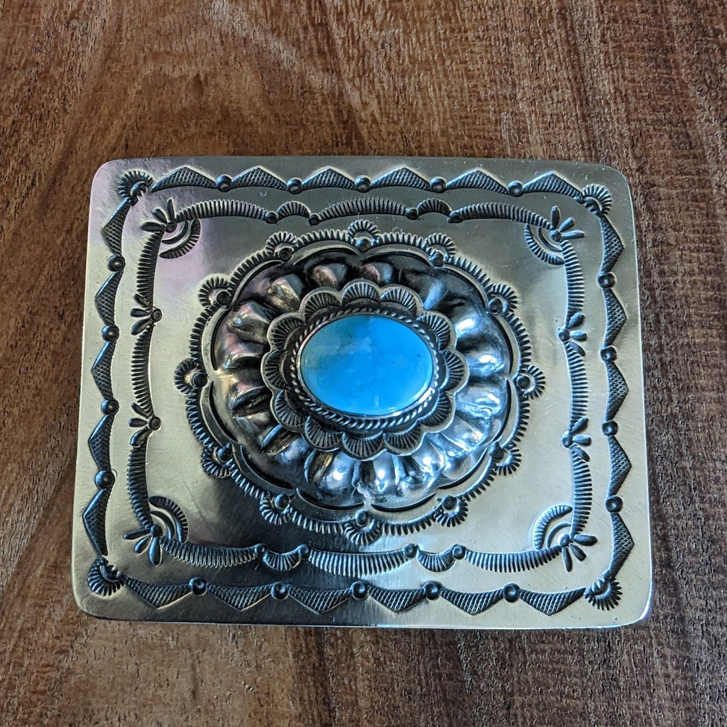 Navajo Kingman Turquoise and Sterling Silver Buckle Front View