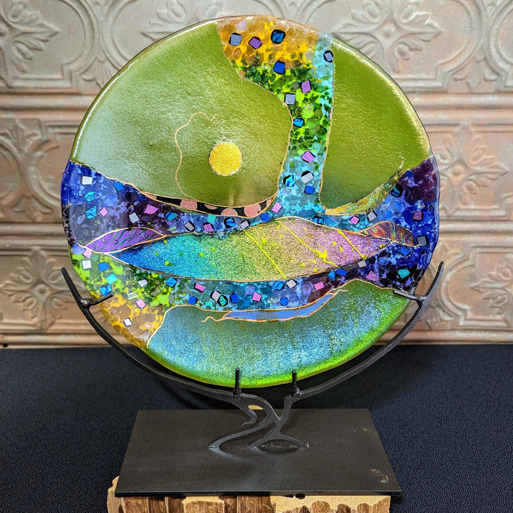 Decorative Glass Plate with Stand by Artist Karen Ehart Front View