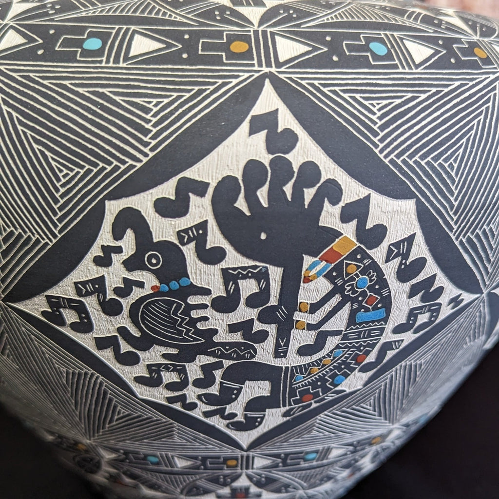 Kokopelli Flute Player Ceramic Vase by Santa Ana Pueblo Artist Marlene Tenorio Detail View