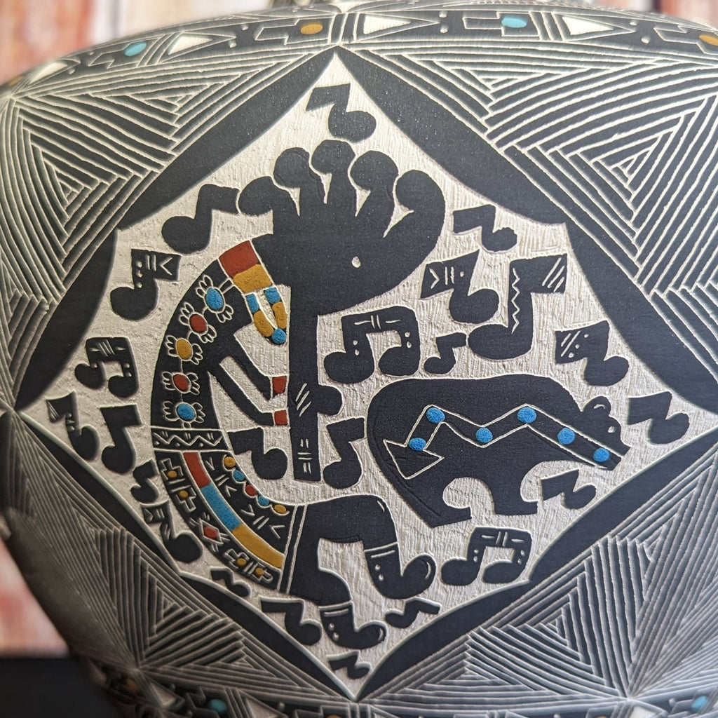Kokopelli Flute Player Ceramic Vase by Santa Ana Pueblo Artist Marlene Tenorio Detail View