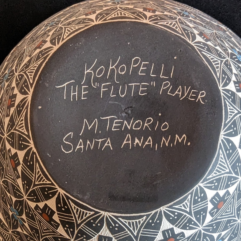Kokopelli Flute Player Ceramic Vase by Santa Ana Pueblo Artist Marlene Tenorio Signature View