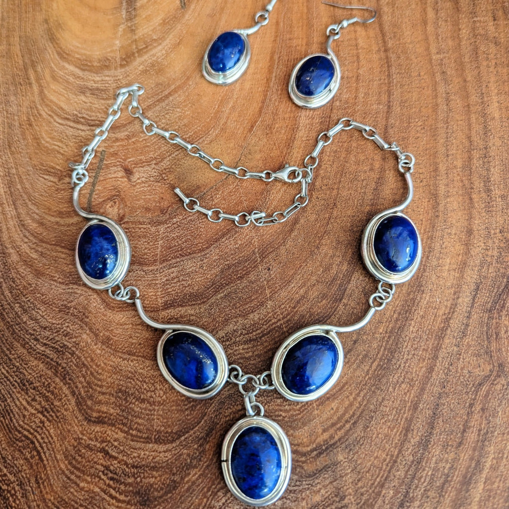 Blue Lapis Necklace & Earring Set; Navajo made Front View