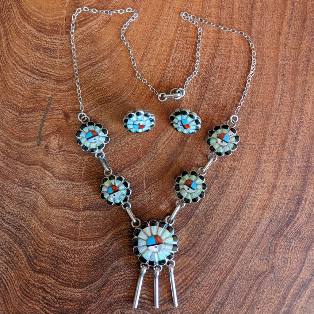 Zuni Handcrafted "God's Eye" Necklace and Earring Set Front View