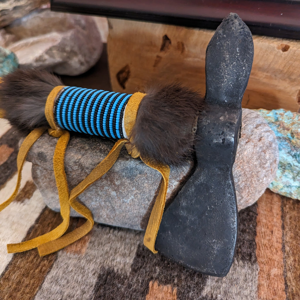 tomahawk blade rabbit fur and bead trim handle